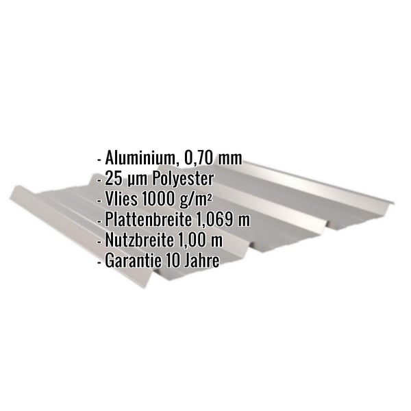 Trapezblech 45/333 Graualuminium mit eingeblendeten Eckdaten zu Material, Staerke, Beschichtung und Massen