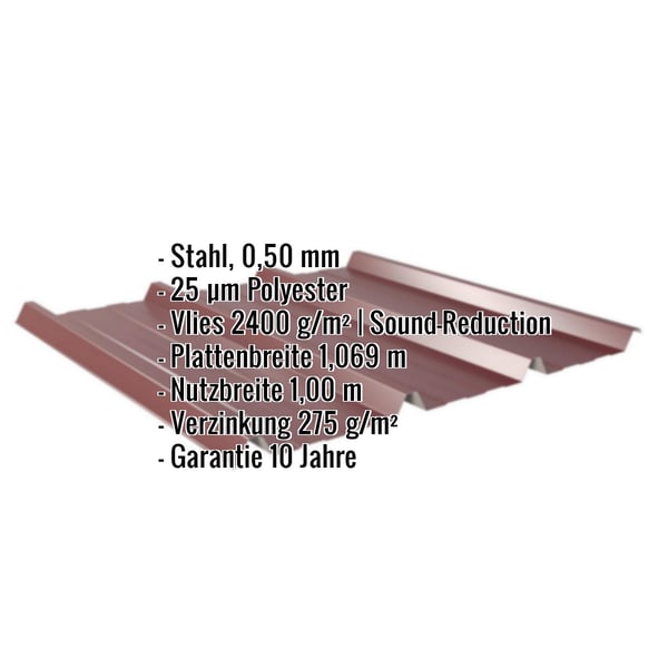 Trapezblech 45/333 weinrot mit eingeblendeten Eckdaten zu Material, Staerke, Beschichtung und Massen
