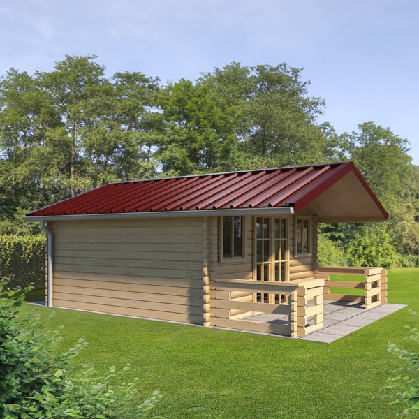 Trapezblech 45/333 weinrot (RAL 3005) auf einem Gartenhaus mit Veranda, Anwendungsbeispiel