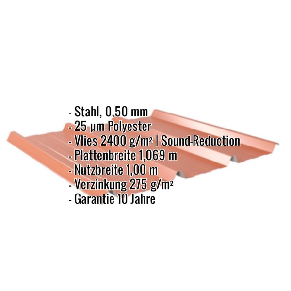 Trapezblech 45/333 kupferbraun, Stahl 0,50 mm, mit eingeblendeten Eckdaten zu Material und Beschichtung