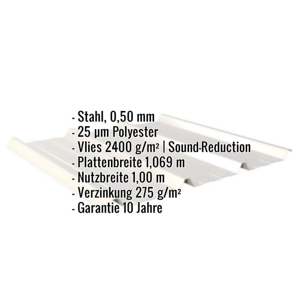 Trapezblech 45/333 Grauweiß mit eingeblendeten Eckdaten zu Material, Stärke, Beschichtung und Maßen
