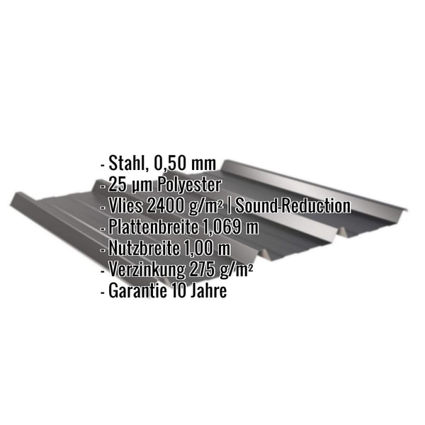 Trapezblech 45/333 Tiefschwarz mit eingeblendeten Eckdaten Stahl 0,50 mm, 25 µm Polyester, Vlies 2400 g/m²