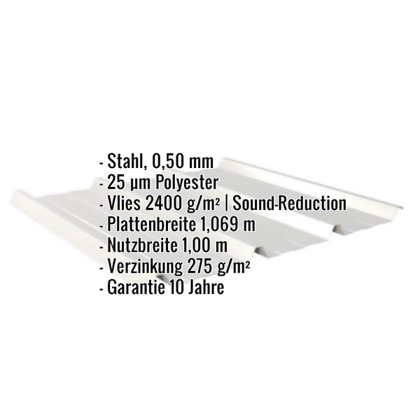 Trapezblech 45/333, Weißaluminium RAL 9006, mit eingeblendeten Eckdaten zu Material, Stärke und Beschichtung