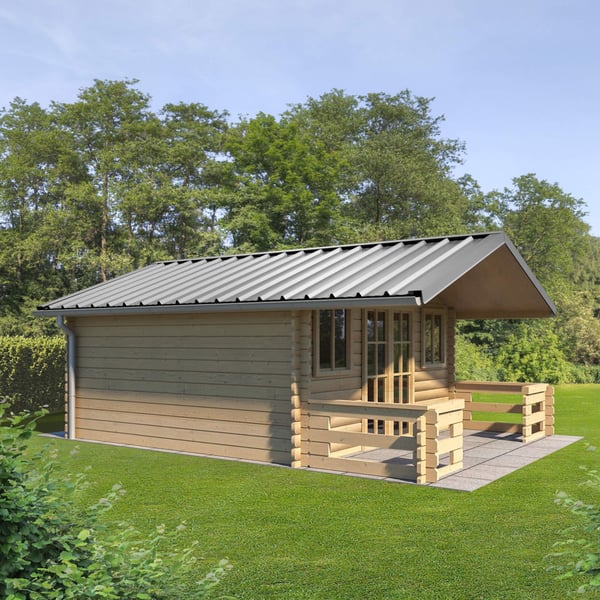 Trapezblech 45/333, Weißaluminium RAL 9006, auf dem Dach eines Gartenhauses mit Terrasse