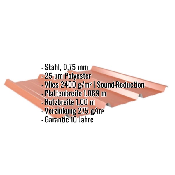 Trapezblech 45/333 kupferbraun mit eingeblendeten Eckdaten zu Material, Stärke, Beschichtung und Maßen