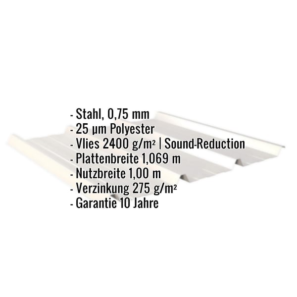 Trapezblech 45/333, Stahl 0,75 mm, Grauweiß, mit eingeblendeten technischen Daten und Vliesbeschichtung