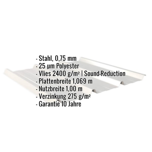 Trapezblech 45/333 in Weißaluminium mit eingeblendeten Eckdaten zu Material, Stärke, Beschichtung und Maßen