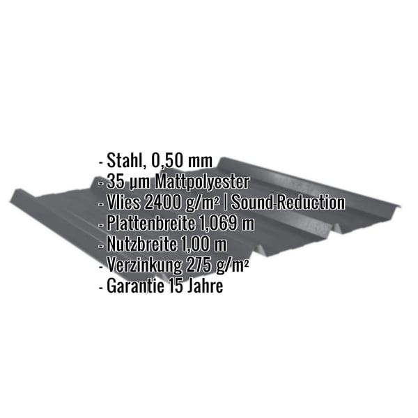 Trapezblech 45/333 dunkelgrau, Stahl 0,50 mm, mit eingeblendeten Eckdaten zu Material und Massen