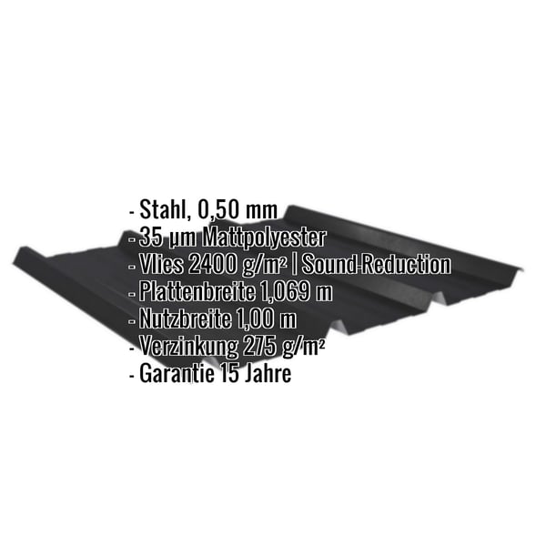 Trapezblech 45/333 schwarz, 0,50 mm Stahl, mit eingeblendeten Eckdaten zu Material, Beschichtung und Massen
