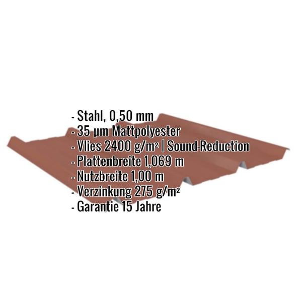 Trapezblech 45/333 Ziegelrot mit eingeblendeten Eckdaten zu Material, Beschichtung und Massen