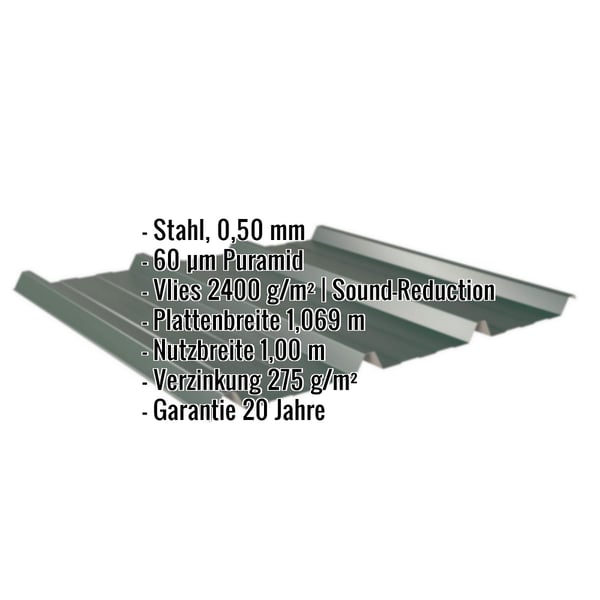 Trapezblech 45/333 Moosgrün, Stahl 0,50 mm, Puramid 60 µm, Vlies 2400 g/m², mit eingeblendeten Eckdaten