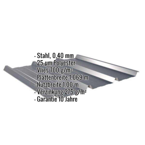Trapezblech 45/333 Anthrazitgrau mit eingeblendeten Eckdaten: Stahl, 0,40 mm, 25 µm Polyester, Vlies 700 g/m²