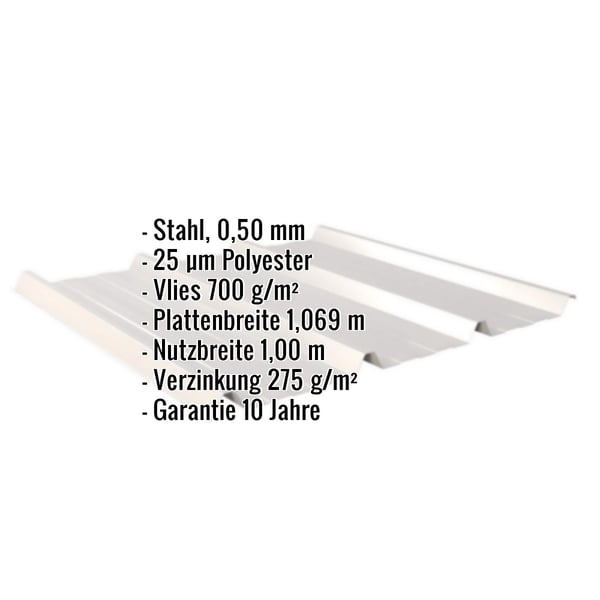 Trapezblech 45/333 Lichtgrau, Stahl 0,50 mm, mit eingeblendeten technischen Daten und Vlies 700 g/m²