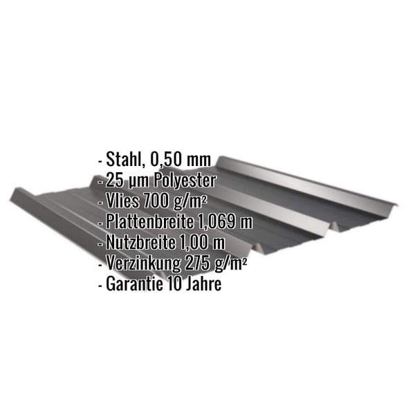 Trapezblech 45/333 Tiefschwarz mit eingeblendeten technischen Daten wie Material, Stärke und Beschichtung