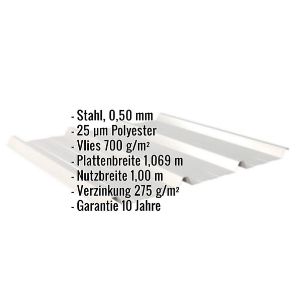 Trapezblech 45/333 in Weißaluminium mit eingeblendeten Eckdaten zu Material, Beschichtung und Maßen