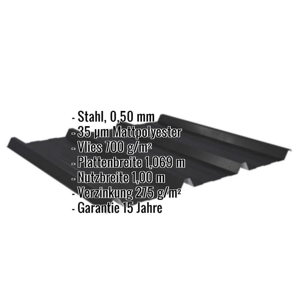 Trapezblech 45/333 schwarz, 0,50 mm Stahl, mit eingeblendeten Eckdaten zu Material und Massen