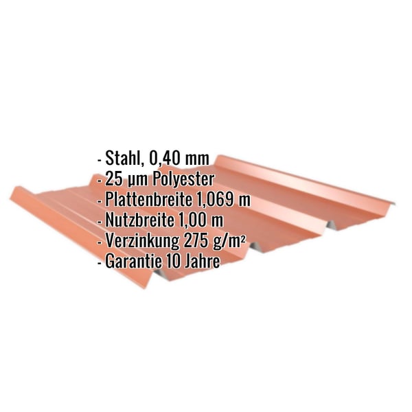 Trapezblech 45/333 in Kupferbraun (RAL 8004) mit eingeblendeten Eckdaten zu Material, Staerke und Beschichtung