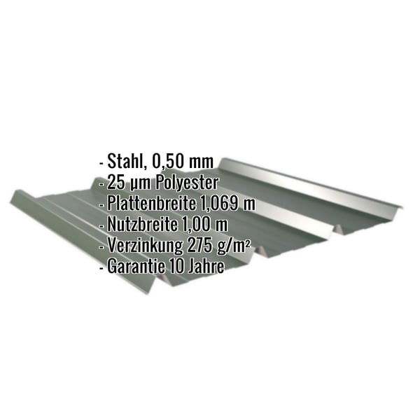 Trapezblech 45/333, Stahl 0,50 mm, Chromoxidgrün, mit eingeblendeten Eckdaten