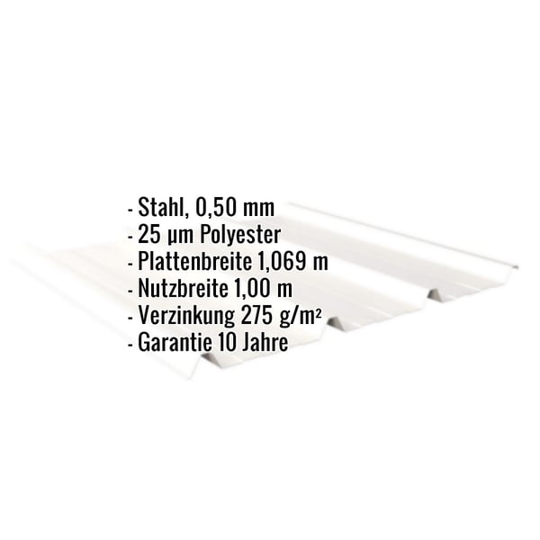 Trapezblech 45/333 Reinweiß, Stahl 0,50 mm, mit eingeblendeten Eckdaten zu Material und Maßen