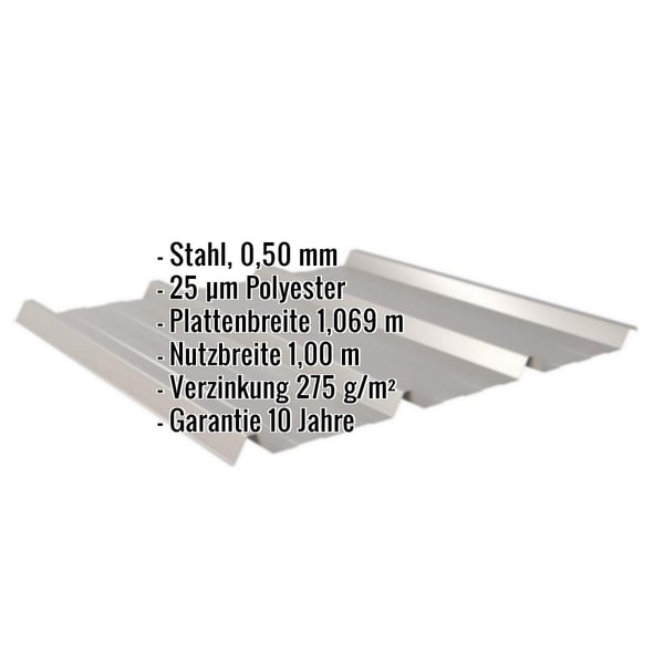 Trapezblech 45/333 Graualuminium mit eingeblendeten Eckdaten zu Material, Staerke und Beschichtung
