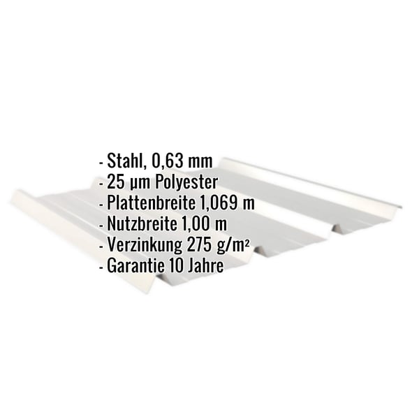Trapezblech 45/333, Weißaluminium, 0,63 mm Stahl, mit eingeblendeten Eckdaten
