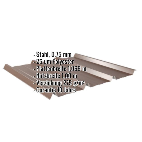 Trapezblech 45/333 Nussbraun, Stahl 0,75 mm, 25 µm Polyester, mit eingeblendeten Eckdaten