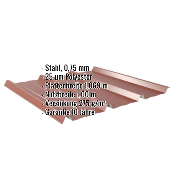 Trapezblech 45/333, rotbraun RAL 8012, mit eingeblendeten Eckdaten zu Material und Massen