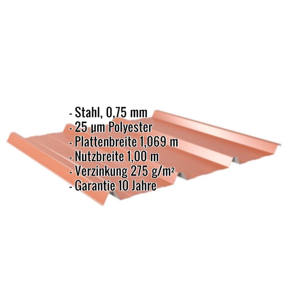 Trapezblech 45/333 in Kupferbraun (RAL 8004) mit eingeblendeten Eckdaten zu Material, Beschichtung und Massen