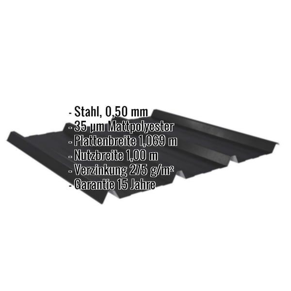 Trapezblech 45/333, Schwarz, mit eingeblendeten Eckdaten zu Material, Beschichtung und Massen