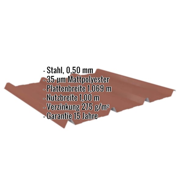 Trapezblech 45/333 Ziegelrot, 0,50 mm Stahl, mit eingeblendeten Produktdaten als Infografik