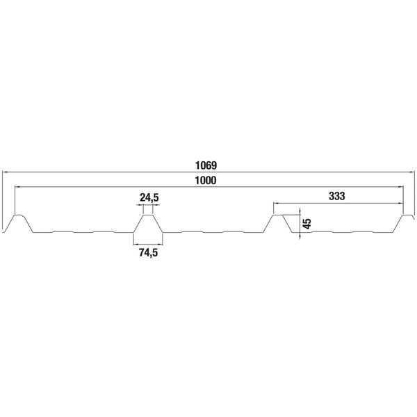 Technische Zeichnung Trapezblech 45/333 mit Massen 1069, 1000, 24,5, 74,5, 333, 45