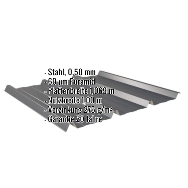 Trapezblech 45/333, Anthrazitgrau, Stahl 0,50 mm, Puramid 60 µm, mit eingeblendeten Eckdaten