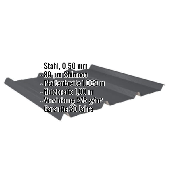 Trapezblech 45/333 Anthrazitgrau, Stahl 0,50 mm, Shimoco 80 µm, mit eingeblendeten Eckdaten