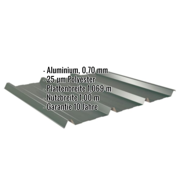 Trapezblech 45/333 Aluminium Moosgrün mit eingeblendeten Eckdaten zu Material, Beschichtung und Massen