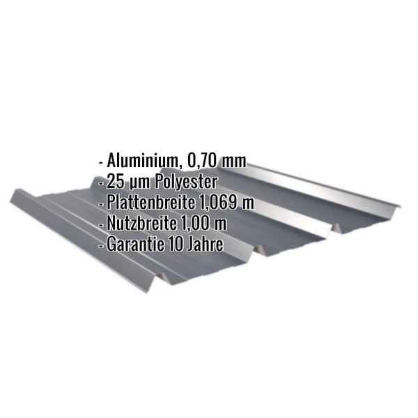 Trapezblech 45/333 Aluminium Anthrazitgrau mit eingeblendeten Eckdaten zu Material, Staerke und Garantie