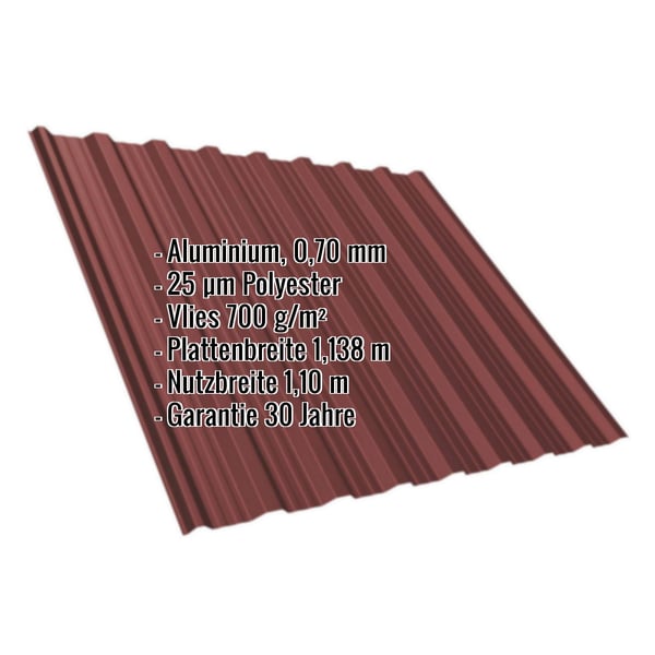 Trapezblech T18DR Aluminium 0,70 mm Rotbraun RAL 8012 mit eingeblendeten Eckdaten und Garantie