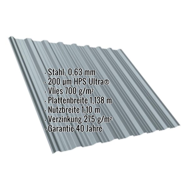 Trapezblech T18DR Fenstergrau mit eingeblendeten Eckdaten Stahl 0,63 mm, HPS Ultra, Vlies 700 g/m², Breite