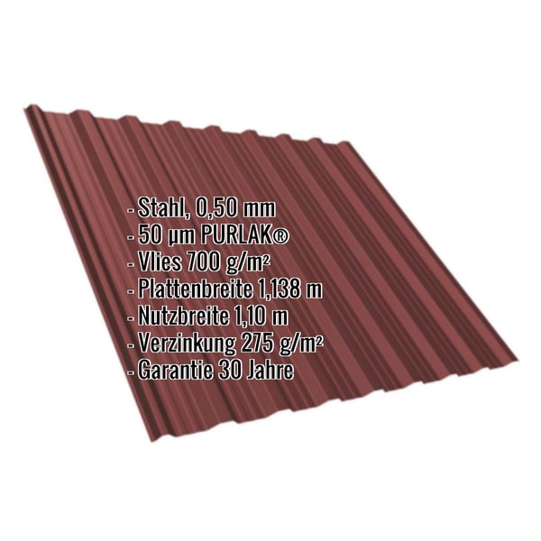 Trapezblech T18DR rotbraun, 0,50 mm Stahl, mit eingeblendeten Eckdaten zu Material und Garantie