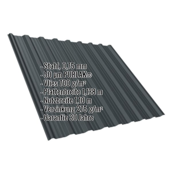 Trapezblech T18DR Anthrazitgrau RAL 7016 mit 0,75 mm Staerke und PURLAK Beschichtung, Eckdaten eingeblendet