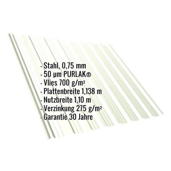Trapezblech T18DR Infografik mit Eckdaten: Stahl 0,75 mm, 50 µm PURLAK, Vlies 700 g/m², Plattenbreite 1,138 m