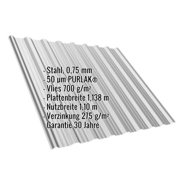Trapezblech T18DR Weißaluminium RAL 9006 mit eingeblendeten Eckdaten wie Stahl 0,75 mm und PURLAK® Beschichtung
