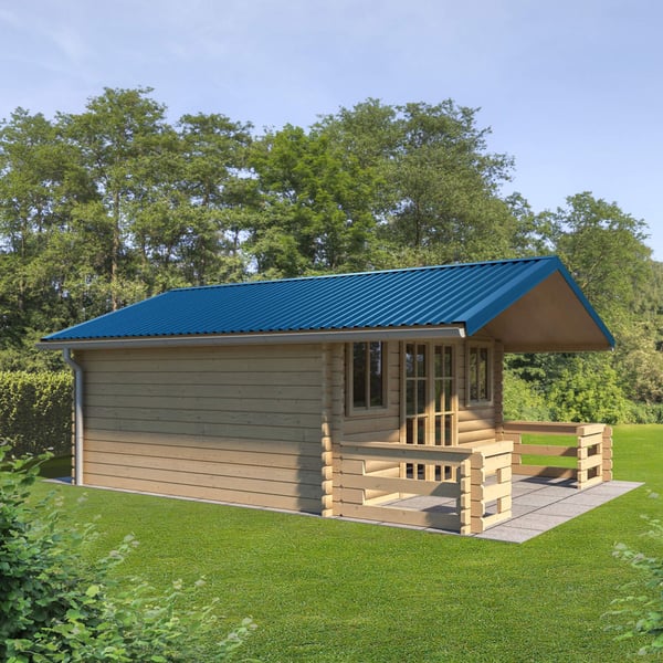 Kleines Holzhaus mit Pultdach aus Trapezblech T18DR Enzianblau