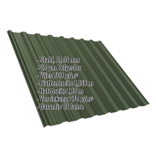 Trapezblech T18DR Chromoxidgrün RAL 6020 mit eingeblendeten Eckdaten zu Material, Stärke, Beschichtung und Maßen