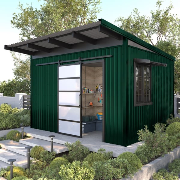 Gartenhaus mit moosgrünem Trapezblech T18DR Dach und Wandverkleidung, Anwendungsbeispiel
