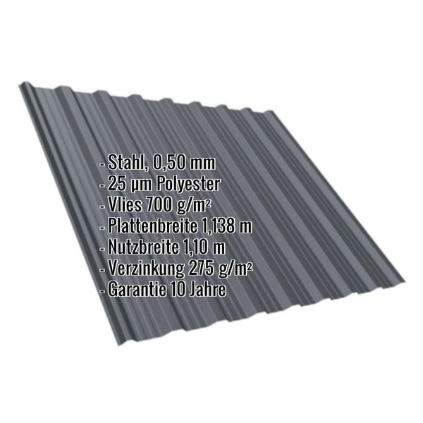 Trapezblech T18DR Graphitgrau RAL 7024 mit eingeblendeten Eckdaten wie Stahl 0,50 mm, 25 µm Polyester, Vlies 700 g/m²
