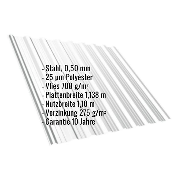 Trapezblech T18DR Lichtgrau mit eingeblendeten Eckdaten zu Material, Staerke, Beschichtung und Garantie