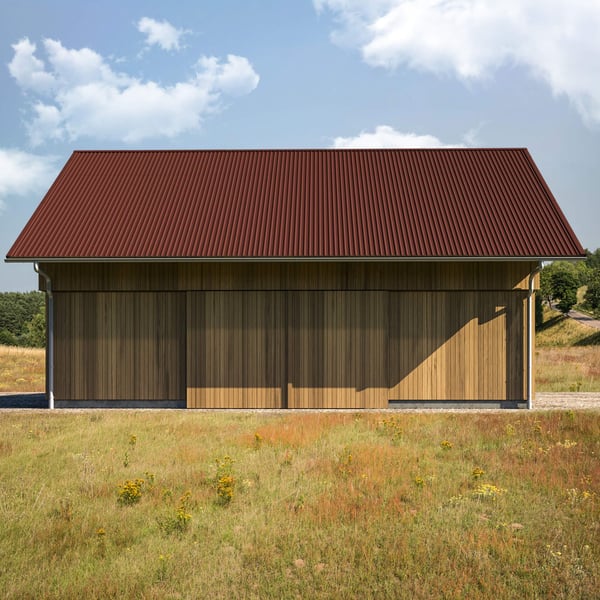 Trapezblech T18DR rotbraun als Dach auf einer Holzscheune, Anwendungsbeispiel in Landschaft
