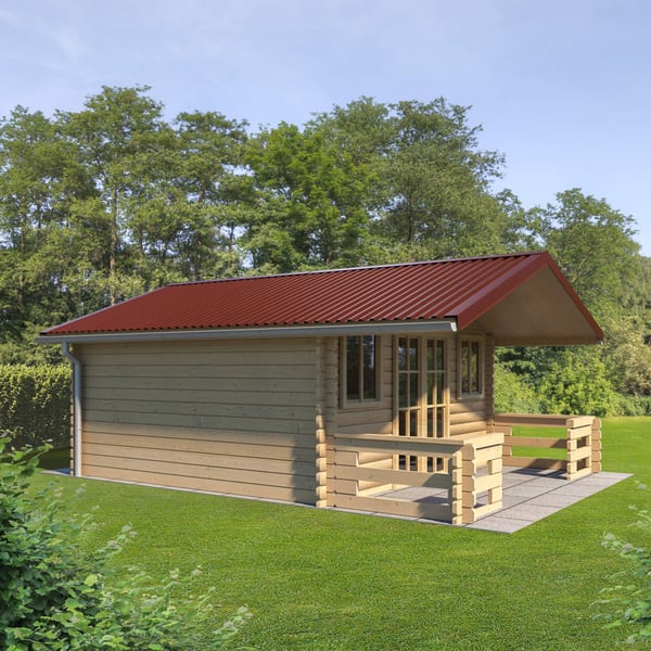 Trapezblech T18DR rotbraun als Dach auf einem Holzhaus mit Terrasse, Anwendungsbeispiel