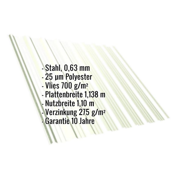 Trapezblech T18DR, Grauweiß, mit eingeblendeten Eckdaten zu Material, Stärke, Beschichtung und Garantie