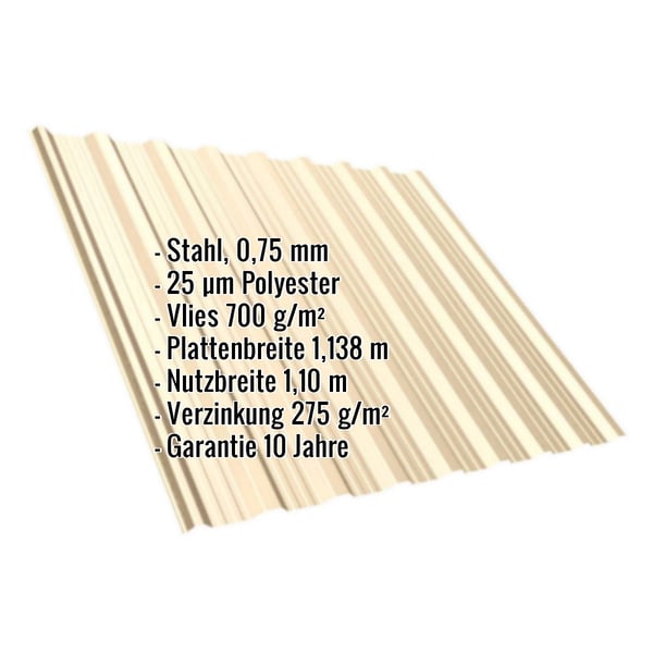 Trapezblech T18DR Hellelfenbein RAL 1015 mit eingeblendeten Eckdaten zu Material, Staerke und Beschichtung